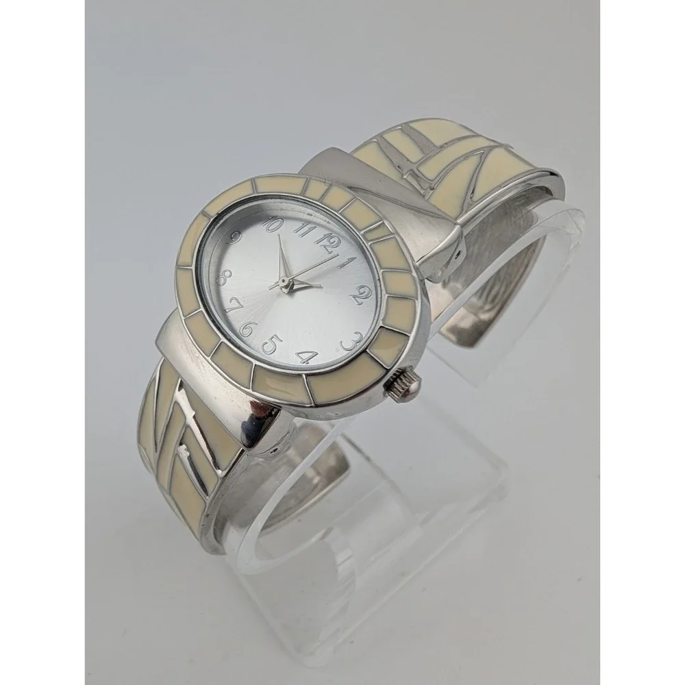 Women's Quartz Watch 33mm Case White Enamel Inlay Hinge Bangel Band- New Battery
